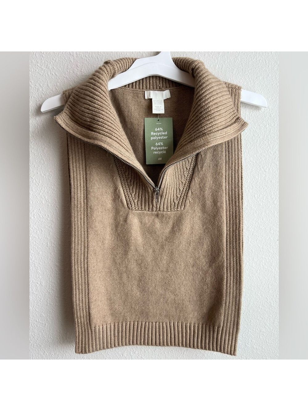 H&M Khaki Tan Ribbed Knit Half Zip Sleeveless Sweater Vest OS Mock Neck NWT